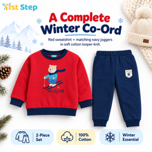 1st Step Baby Boy Sweatshirt and Jogger Set | 100% Cotton Looper Knit Winter Outfit | Red and Navy Blue 2-Piece Tracksuit with Skiing Bear Graphic