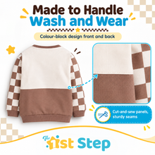 1st Step Baby Boy Winter Sweatshirt and Jogger Set | 100% Cotton Looper Knit Co-ord | Full Sleeve Top with Checkerboard Sleeves and Matching Pants | Cream & Brown Winter Set