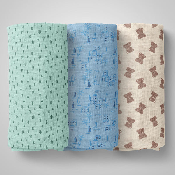 1st Step 100% Cotton Muslin Baby Swaddle Set, Pack of 3, Size-120cm x 100cm