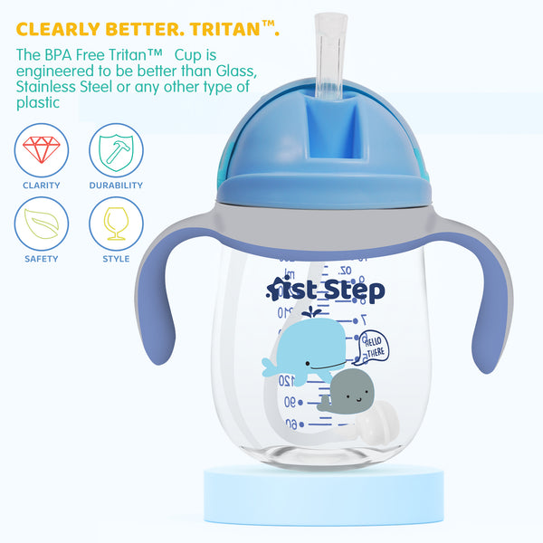 1st Step TRITAN 280 ml BPA Free Anti-Spill Soft Silicone Weighted Straw Baby Sipper Cup with Twin Handle - Blue