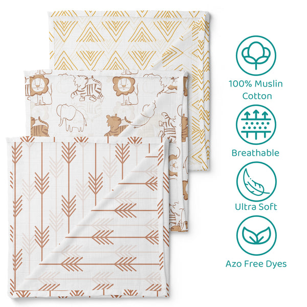 1st Step 100% Cotton Muslin Baby Swaddle Set, Pack of 3, Size-120cm x 100cm