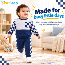 1st Step Baby Boy Winter Sweatshirt and Jogger Set | 100% Cotton Looper Knit Co-ord | Full Sleeve Top with Checkerboard Sleeves and Matching Pants | Navy-blue & Grey Melange Winter Set