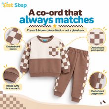 1st Step Baby Boy Winter Sweatshirt and Jogger Set | 100% Cotton Looper Knit Co-ord | Full Sleeve Top with Checkerboard Sleeves and Matching Pants | Cream & Brown Winter Set