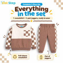 1st Step Baby Boy Winter Sweatshirt and Jogger Set | 100% Cotton Looper Knit Co-ord | Full Sleeve Top with Checkerboard Sleeves and Matching Pants | Cream & Brown Winter Set