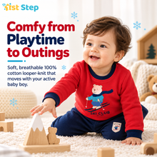 1st Step Baby Boy Sweatshirt and Jogger Set | 100% Cotton Looper Knit Winter Outfit | Red and Navy Blue 2-Piece Tracksuit with Skiing Bear Graphic