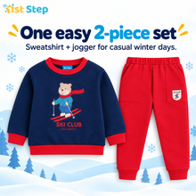 1st Step Baby Boy Sweatshirt and Jogger Set | 100% Cotton Looper Knit Winter Outfit | Navy Blue and Red 2-Piece Tracksuit with Skiing Bear Graphic