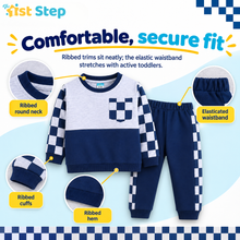1st Step Baby Boy Winter Sweatshirt and Jogger Set | 100% Cotton Looper Knit Co-ord | Full Sleeve Top with Checkerboard Sleeves and Matching Pants | Navy-blue & Grey Melange Winter Set