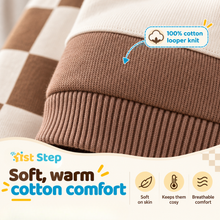 1st Step Baby Boy Winter Sweatshirt and Jogger Set | 100% Cotton Looper Knit Co-ord | Full Sleeve Top with Checkerboard Sleeves and Matching Pants | Cream & Brown Winter Set