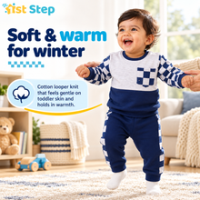 1st Step Baby Boy Winter Sweatshirt and Jogger Set | 100% Cotton Looper Knit Co-ord | Full Sleeve Top with Checkerboard Sleeves and Matching Pants | Navy-blue & Grey Melange Winter Set