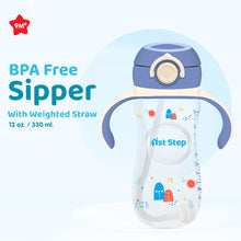 1st Step 330 ml BPA Free Anti-Spill Soft Silicone Weighted Straw Baby Sipper Cup with Twin Handle and Flip Top - Blue