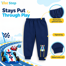 1st Step Baby Boy Sweatshirt and Jogger Set | 100% Cotton 2-Piece Tracksuit with Racing Car Print | Light Yellow Sweatshirt and Navy Blue Joggers - Winter Wear