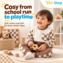 1st Step Baby Boy Winter Sweatshirt and Jogger Set | 100% Cotton Looper Knit Co-ord | Full Sleeve Top with Checkerboard Sleeves and Matching Pants | Cream & Brown Winter Set