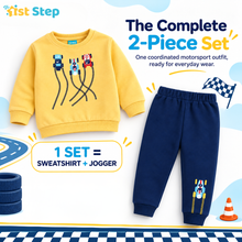 1st Step Baby Boy Sweatshirt and Jogger Set | 100% Cotton 2-Piece Tracksuit with Racing Car Print | Light Yellow Sweatshirt and Navy Blue Joggers - Winter Wear