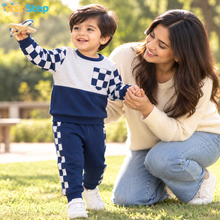 1st Step Baby Boy Winter Sweatshirt and Jogger Set | 100% Cotton Looper Knit Co-ord | Full Sleeve Top with Checkerboard Sleeves and Matching Pants | Navy-blue & Grey Melange Winter Set