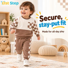 1st Step Baby Boy Winter Sweatshirt and Jogger Set | 100% Cotton Looper Knit Co-ord | Full Sleeve Top with Checkerboard Sleeves and Matching Pants | Cream & Brown Winter Set