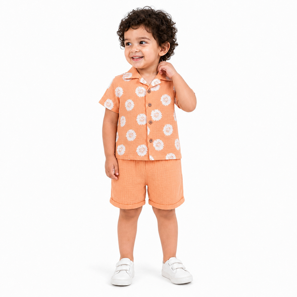 1st Step Baby Boys Printed Muslin Lapel Collar Shirt and Shorts 2 Pcs Clothing Set