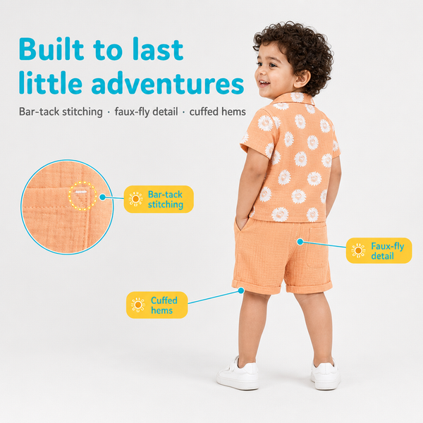 1st Step Baby Boys Printed Muslin Lapel Collar Shirt and Shorts 2 Pcs Clothing Set