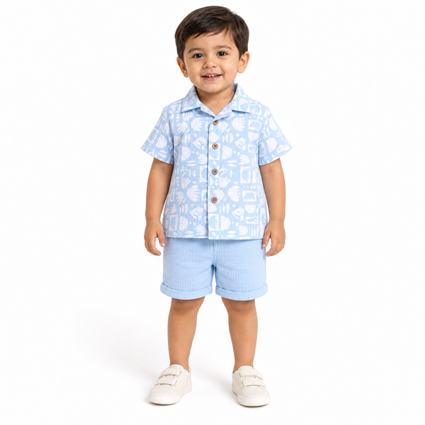 1st Step Baby Boys Printed Muslin Lapel Collar Shirt and Shorts 2 Pcs Clothing Set