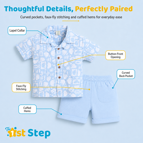 1st Step Baby Boys Printed Muslin Lapel Collar Shirt and Shorts 2 Pcs Clothing Set