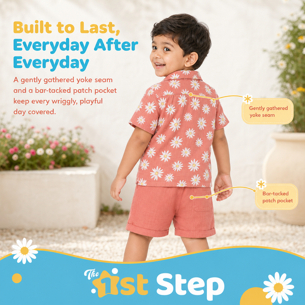 1st Step Baby Boys Printed Muslin Lapel Collar Shirt and Shorts 2 Pcs Clothing Set