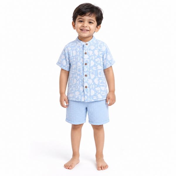 1st Step Baby Boys Printed Muslin Chinese Collar Shirt and Shorts 2 Pcs Clothing Set