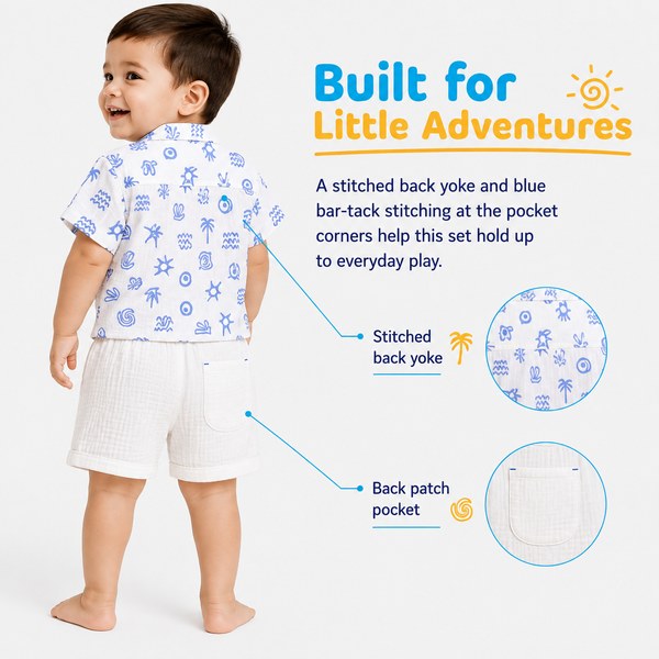 1st Step Baby Boys Printed Muslin Chinese Collar Shirt and Shorts 2 Pcs Clothing Set