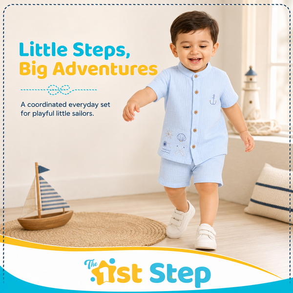 1st Step Baby Boys Printed Muslin Chinese Collar Shirt and Shorts 2 Pcs Clothing Set
