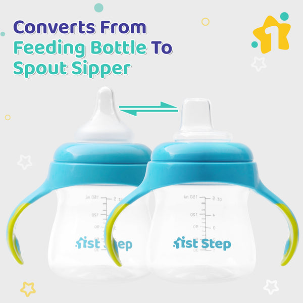1st Step 2 in 1 BPA Free Polypropylene Feeding Bottle Cum Soft Spout Sipper with Twin Handle (Blue)