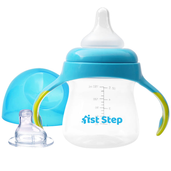 1st Step 2 in 1 BPA Free Polypropylene Feeding Bottle Cum Soft Spout Sipper with Twin Handle (Blue)