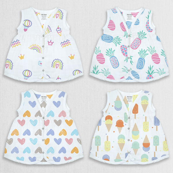 1st Step 100% Soft Muslin Cotton Snap Button Baby Frock - Pack Of 4 - 3-6 Months
