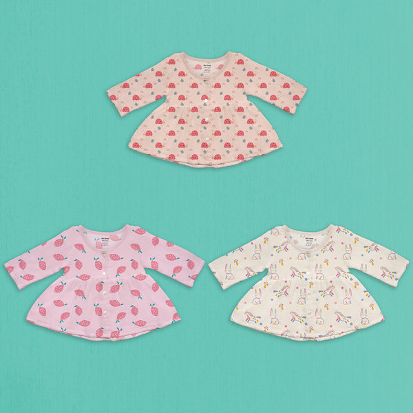 1st Step 100% Soft Muslin Cotton Button Full Sleeve Baby Frock - Pack Of 3 - New Born