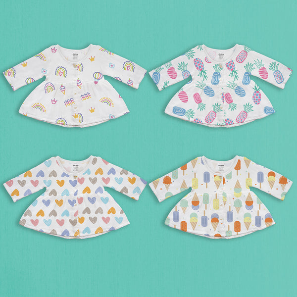 1st Step 100% Soft Muslin Cotton Button Full Sleeve Baby Frock - Pack Of 4 - 6-9 Months