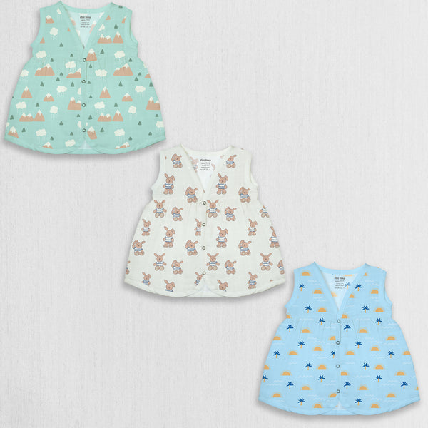 1st Step 100% Soft Muslin Cotton Snap Button Baby Frock - Pack Of 3 - 0-3 Months