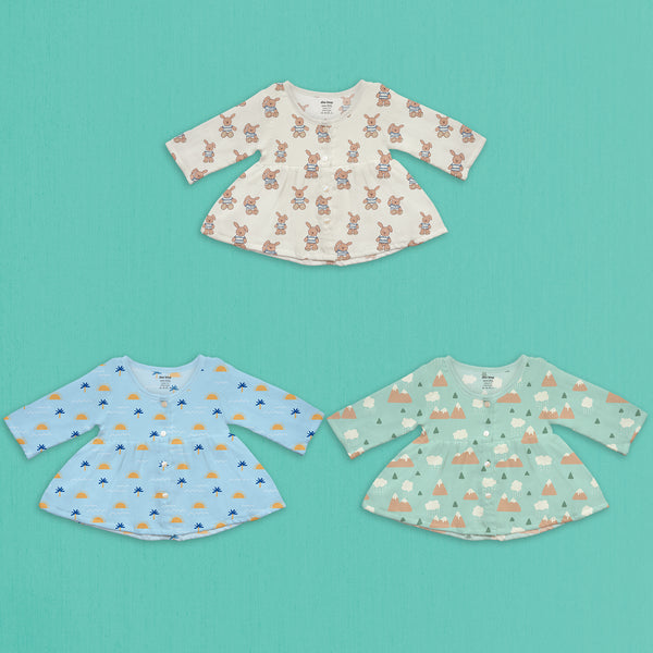 1st Step 100% Soft Muslin Cotton Button Full Sleeve Baby Frock - Pack Of 3 - New Born
