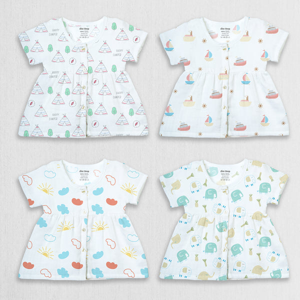 1st Step 100% Soft Muslin Cotton Button Half Sleeve Baby Frock - Pack Of 4 - New Born