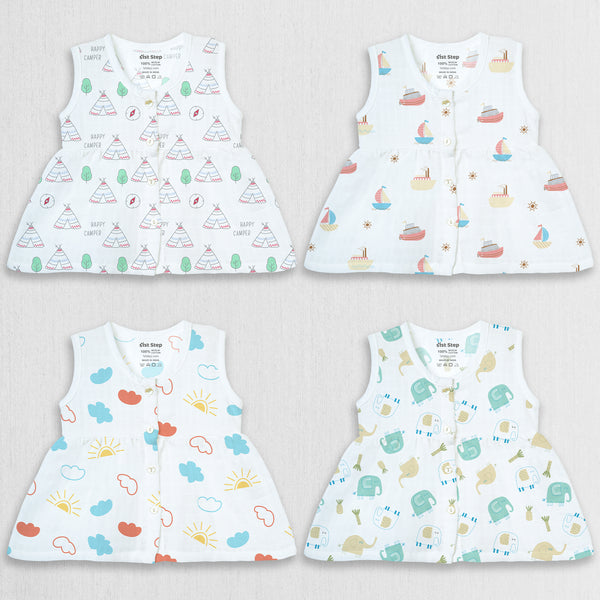 1st Step 100% Soft Muslin Cotton Button Baby Frock - Pack Of 4 - 6-9 Months