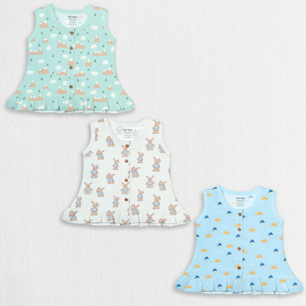 1st Step 100% Soft Muslin Cotton Button Baby Frill Frock - Pack Of 3 - New Born