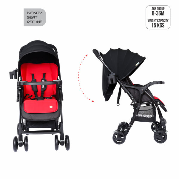 1st Step Caramel Baby Pram Cum Stroller with 5 Point Safety Harness/Infinitely Reclining and Cushioned Seat/Reversible Handle/Front Swivel Wheels - Red