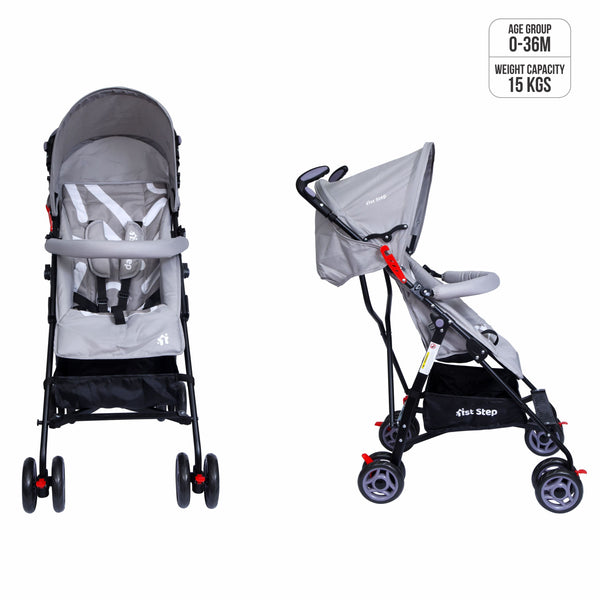 1st Step Jet Stroller/Pram With 5 Point Safety Harness And Adjustable Handles - Grey