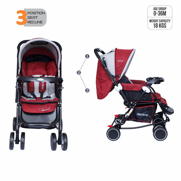 1st Step Cloudie Baby Stroller With 5 Point Safety Harness And Reversible HandleBar - Maroon