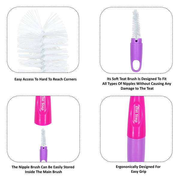 1st Step Bottle and Nipple Cleaning Brush with Nylon bristles for Easy Cleaning (Pink)