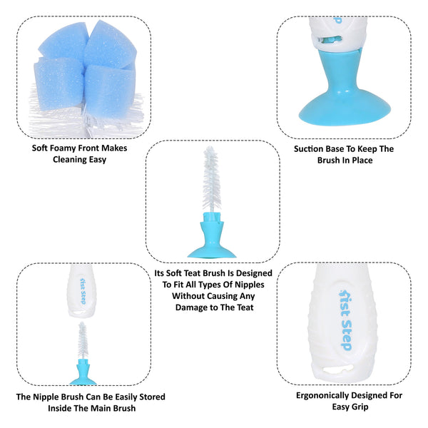 1st Step BPA Free Bottle And Nipple Cleaning Brush With Suction Base-Blue