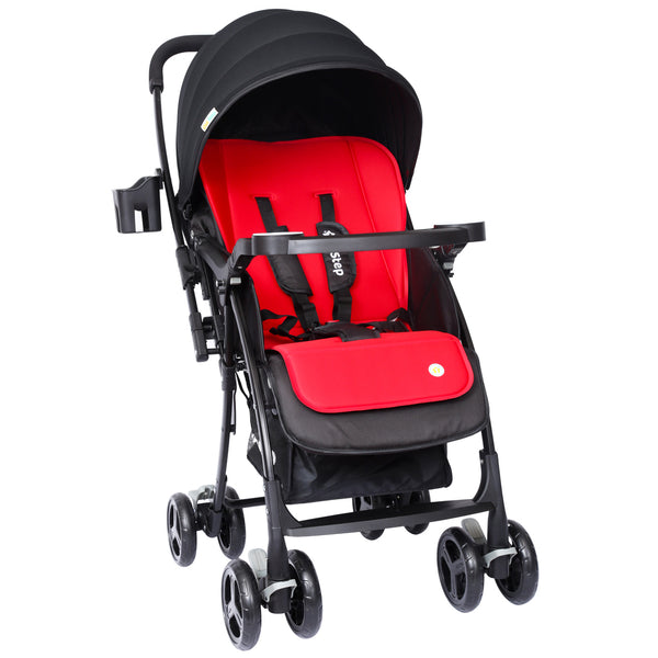 1st Step Caramel Baby Pram Cum Stroller with 5 Point Safety Harness/Infinitely Reclining and Cushioned Seat/Reversible Handle/Front Swivel Wheels - Red