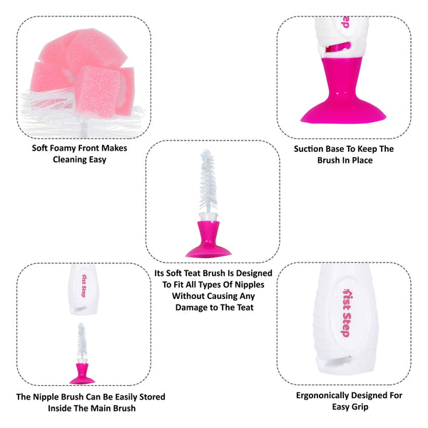 1st Step BPA Free Bottle And Nipple Cleaning Brush With Suction Base-Pink